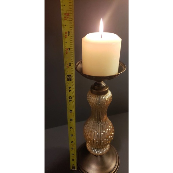 FALL Pillar Candle Holder, Lovely Iridescent Amber Glass & Bronze Metal 12 1/4"! - Picture 3 of 4